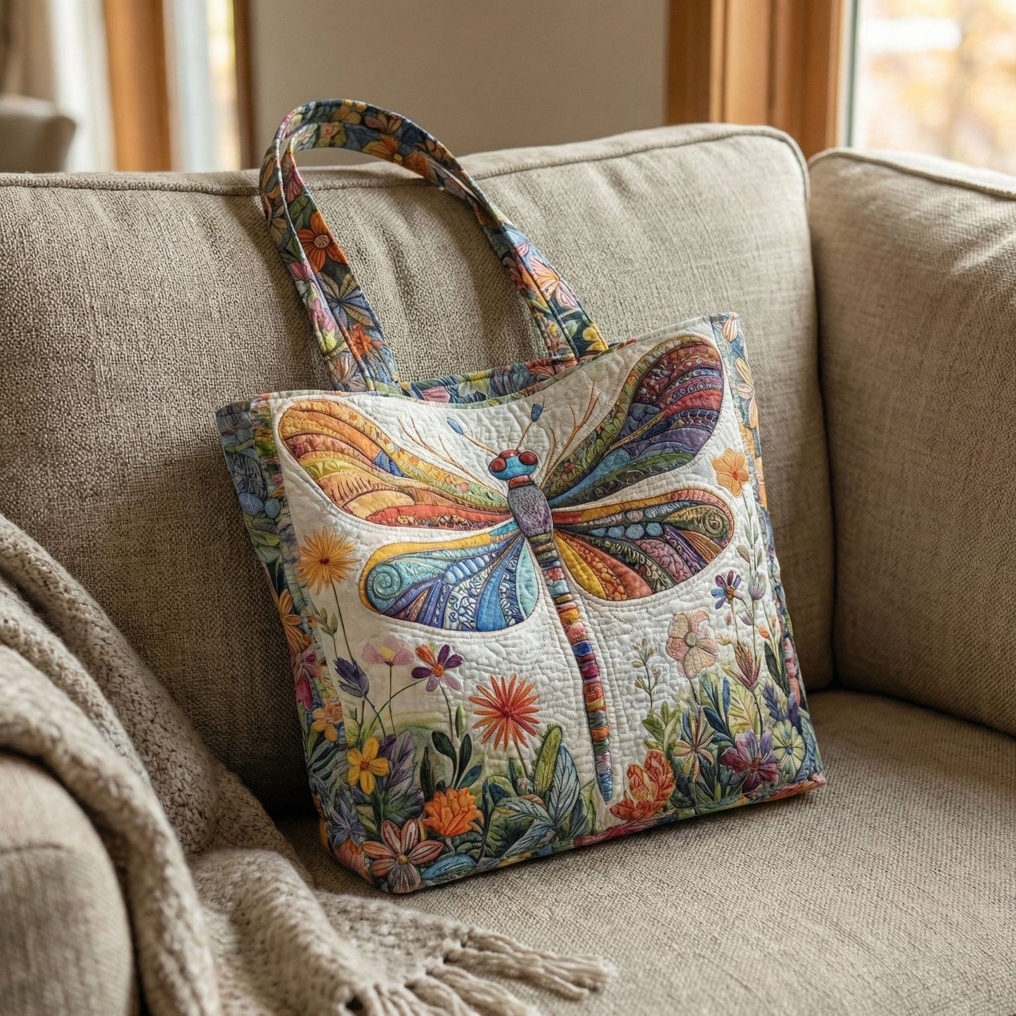 Rainbow Dragonfly Quilted Zipper Tote Bag SN0DK007