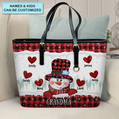 Personalized Leather Bucket Bag - Mother's Day, Christmas Gift For Grandma, Mom - Christmas Snowman Nana Sweetheart Kids