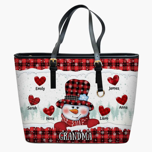 Personalized Leather Bucket Bag - Mother's Day, Christmas Gift For Grandma, Mom - Christmas Snowman Nana Sweetheart Kids