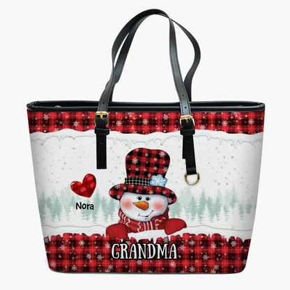 Personalized Leather Bucket Bag - Mother's Day, Christmas Gift For Grandma, Mom - Christmas Snowman Nana Sweetheart Kids