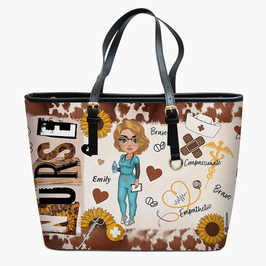 Brown Leopard Nurse - Personalized Custom Leather Bucket Bag - Nurse's Day, Appreciation Gift For Nurse