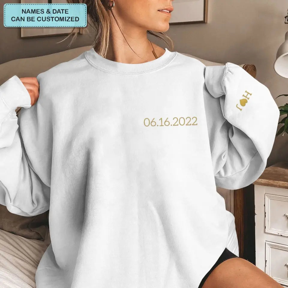 Initial Of Us On Sleeve - Personalized Custom Embroidered Sweatshirt - Gift For Couple, Wife, Husband, Boyfriend, Girlfriend