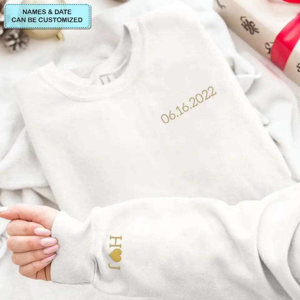 Initial Of Us On Sleeve - Personalized Custom Embroidered Sweatshirt - Gift For Couple, Wife, Husband, Boyfriend, Girlfriend