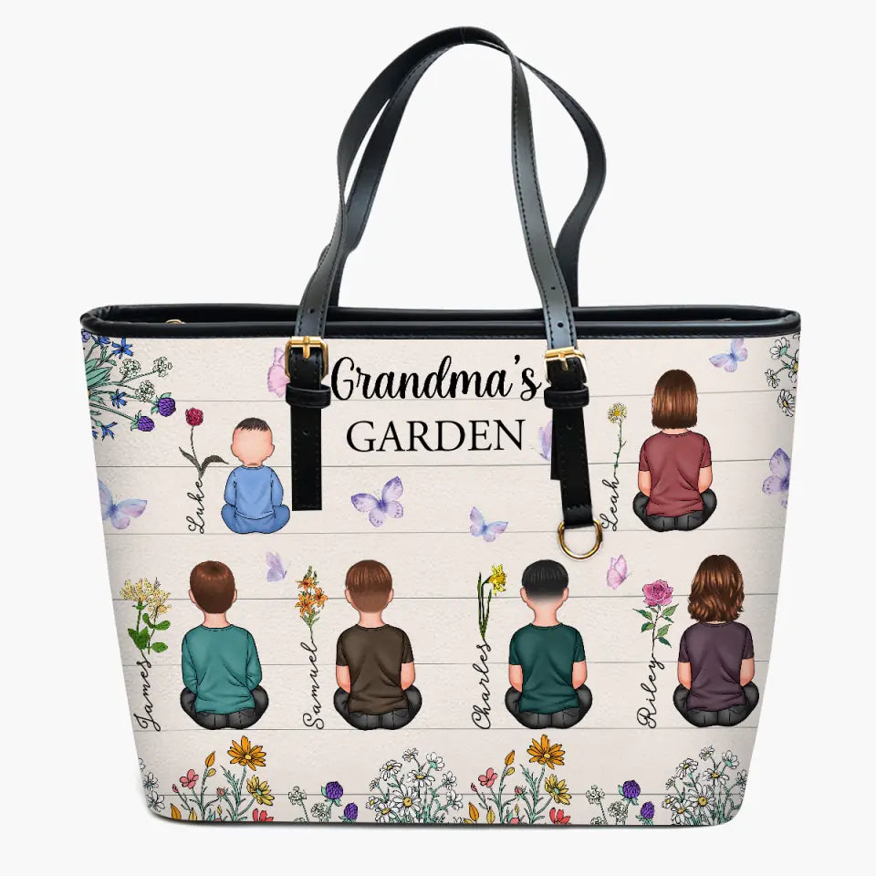 Grandma's Garden - Personalized Leather Bucket Bag - Gift For Grandma, Mom