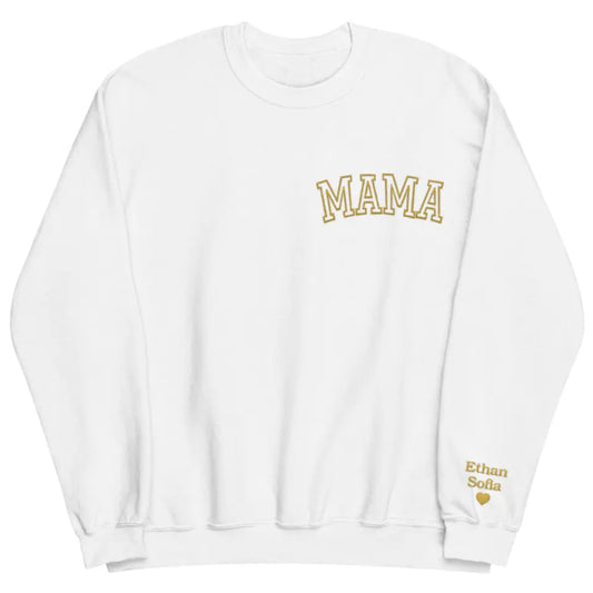 Mama And Kid's Name On Sleeve - Personalized Custom Embroidered Sweatshirt - Gift For Mom, Family Members