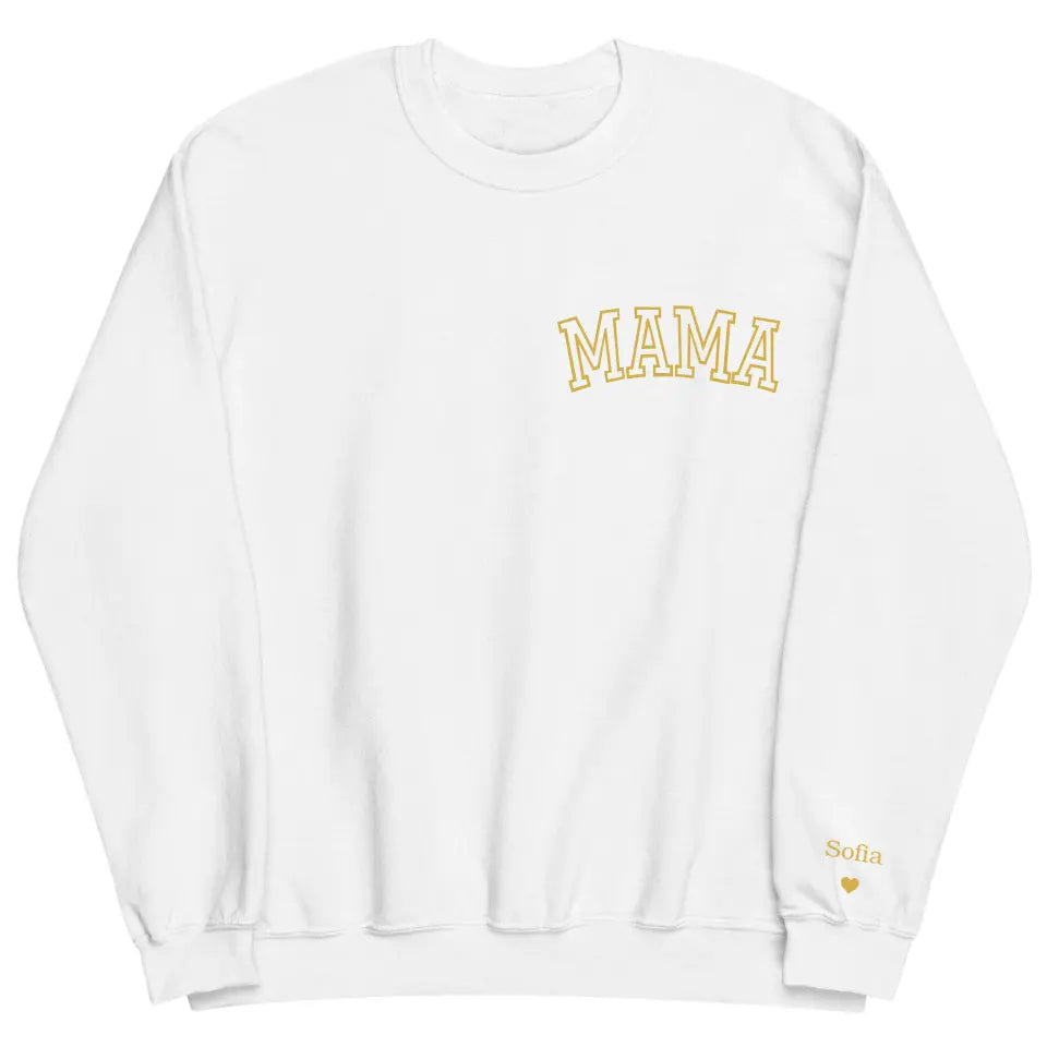 Mama And Kid's Name On Sleeve - Personalized Custom Embroidered Sweatshirt - Gift For Mom, Family Members