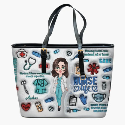 Love Nurse Life - Personalized Custom Leather Bucket Bag - Nurse's Day, Appreciation Gift For Nurse