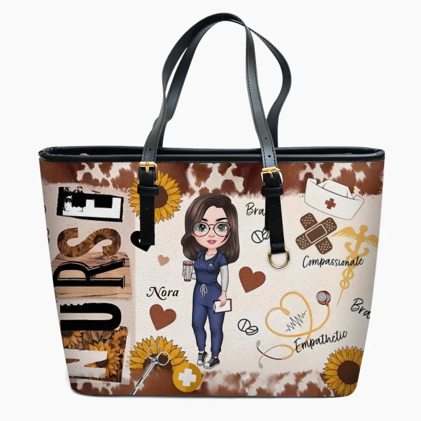 Brown Leopard Nurse - Personalized Custom Leather Bucket Bag - Nurse's Day, Appreciation Gift For Nurse