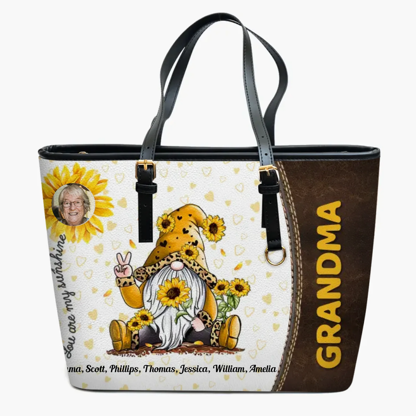 You Are My Sunshine - Personalized Leather Bucket Bag - Gift For Grandma, Mom