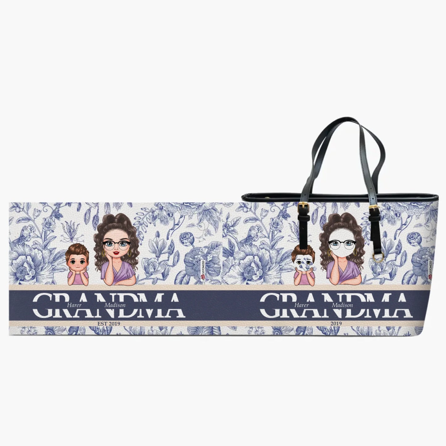 Floral Grandma - Personalized Leather Bucket Bag - Gift For Grandma, Mom