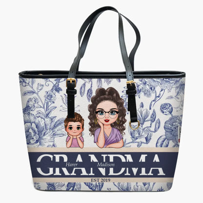 Floral Grandma - Personalized Leather Bucket Bag - Gift For Grandma, Mom