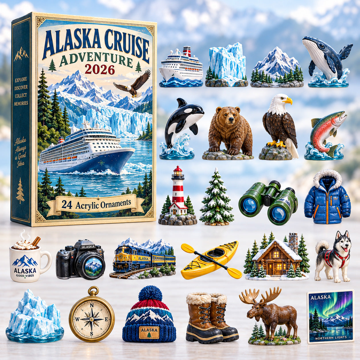 CHRISTMAS KICKOFF 40% OFF - Alaska Cruise Adventure Advent Calendar 2026 - 24-Day Festive Countdown, Acrylic Charms Blind Box - Gift For Cruise Lovers AC0HT613