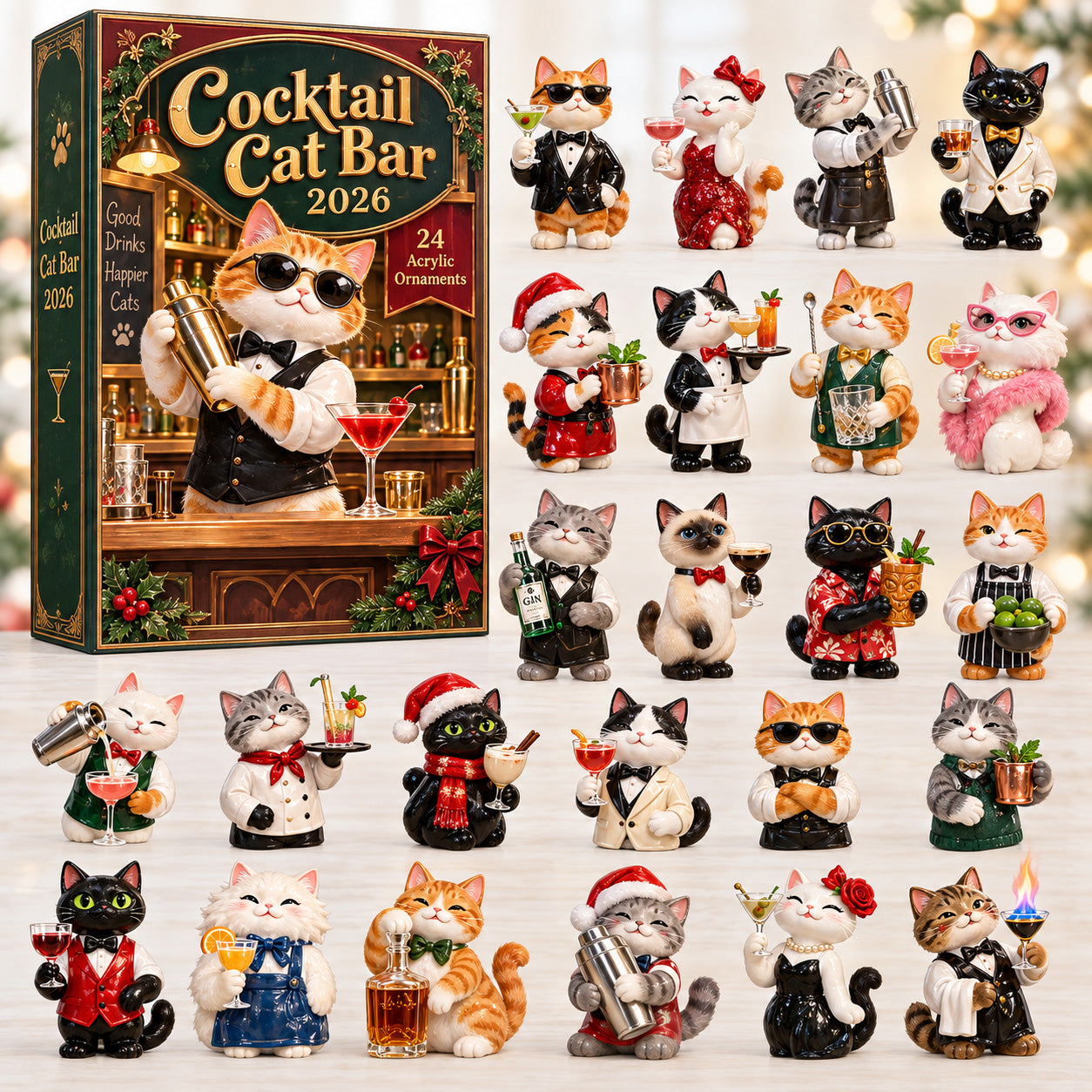 CHRISTMAS KICKOFF 40% OFF - Cocktail Cat Bar Advent Calendar 2026 - 24-Day Festive Countdown, Acrylic Charms Blind Box - Gift For Bartenders AC0HT610