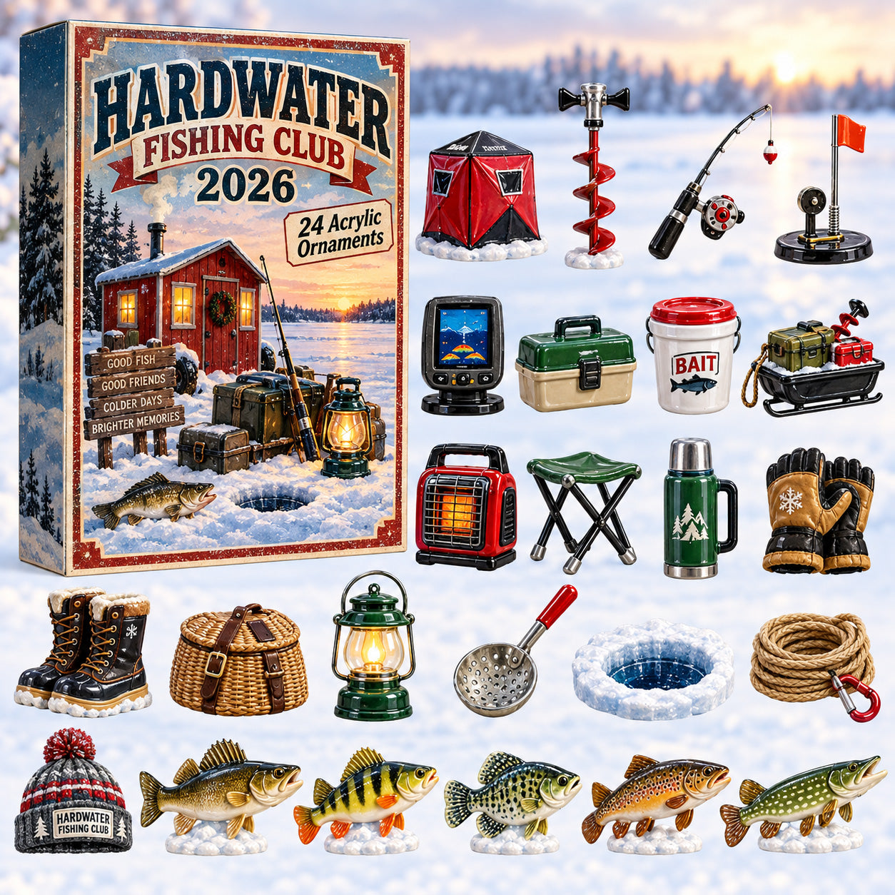 CHRISTMAS KICKOFF 40% OFF - Hardwater Fishing Club Advent Calendar 2026 - 24-Day Festive Countdown, Acrylic Charms Blind Box - Gift For Fishing Lovers AC0HT621