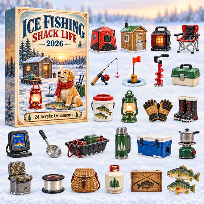 CHRISTMAS KICKOFF 40% OFF - Ice Fishing Shack Life Advent Calendar 2026 - 24-Day Festive Countdown, Acrylic Charms Blind Box - Gift For Fishing Lovers AC0HT620