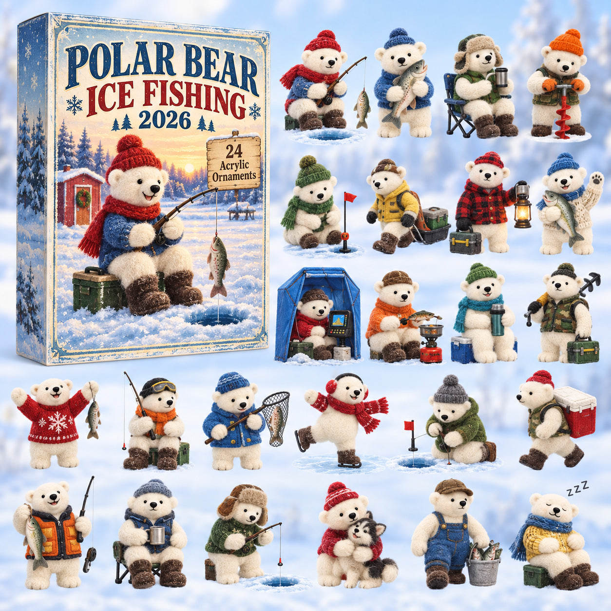 CHRISTMAS KICKOFF 40% OFF - Polar Bear Ice Fishing Advent Calendar 2026 - 24-Day Festive Countdown, Acrylic Charms Blind Box - Gift For Fishing Lovers AC0HT622