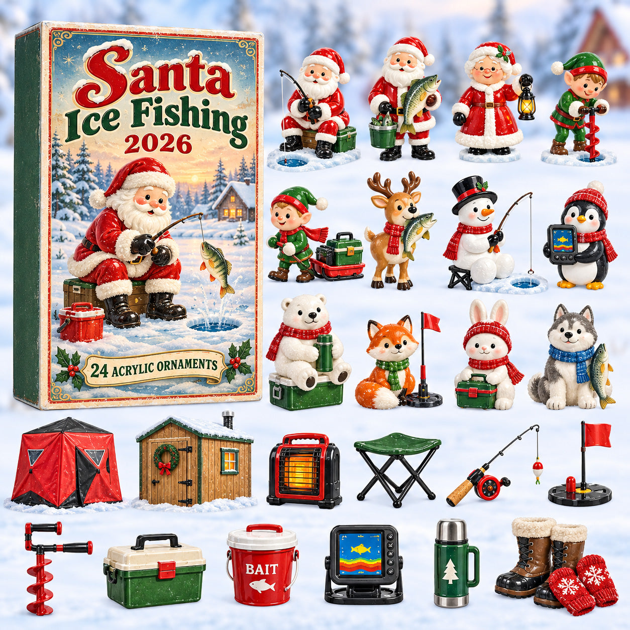 CHRISTMAS KICKOFF 40% OFF - Santa Ice Fishing Advent Calendar 2026 - 24-Day Festive Countdown, Acrylic Charms Blind Box - Gift For Fishing Lovers AC0HT623