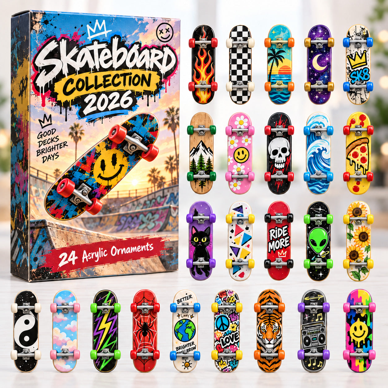 CHRISTMAS KICKOFF 40% OFF - Skateboard Collection Advent Calendar 2026 - 24-Day Festive Countdown, Acrylic Charms Blind Box - Gift For Skateboarders AC0HT624