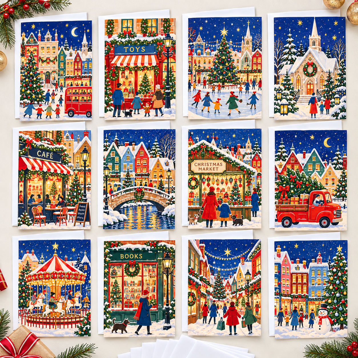 Christmas Town Memories Christmas Cards Assortment, Set of 12 - Holiday Greeting Cards GC0TL018