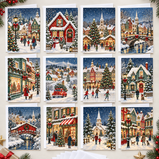 Cozy Winter Town Christmas Cards Assortment, Set of 12 - Holiday Greeting Cards GC0TL019