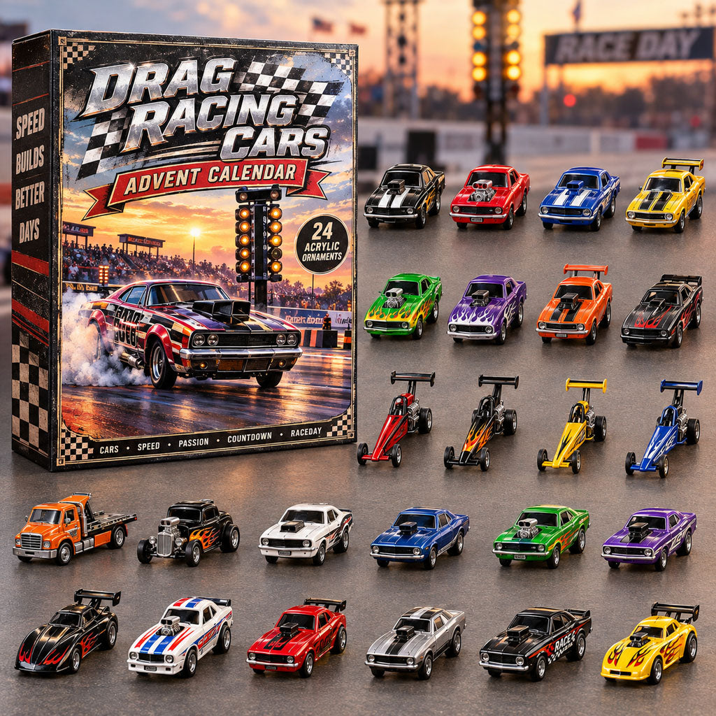 CHRISTMAS KICKOFF 40% OFF - Drag Racing Cars Advent Calendar 2026 - 24-Day Festive Countdown, Acrylic Charms Blind Box - Gift For Drag Racing Lovers AC0NT387