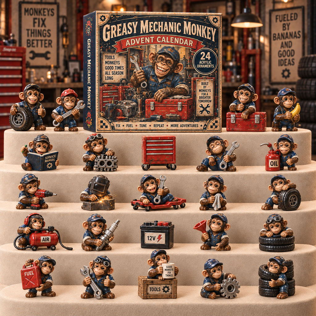 CHRISTMAS KICKOFF 40% OFF - Greasy Mechanic Monkey Advent Calendar 2026 - 24-Day Festive Countdown, Acrylic Charms Blind Box - Gift For Mechanics Lovers AC0TM328