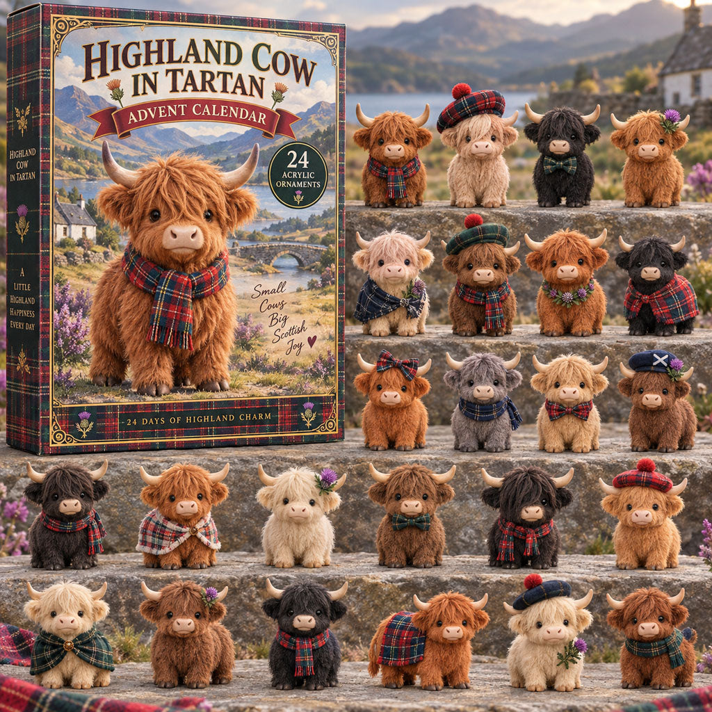 CHRISTMAS KICKOFF 40% OFF - Highland Cow In Tartan Advent Calendar 2026 - 24-Day Festive Countdown, Acrylic Charms Blind Box - Gift For Highland Cow Lovers AC0TM374