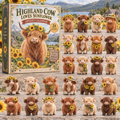 CHRISTMAS KICKOFF 40% OFF - Highland Cow Loves Sunflower Advent Calendar 2026 - 24-Day Festive Countdown, Acrylic Charms Blind Box - Gift For Highland Cow Lovers AC0TM373