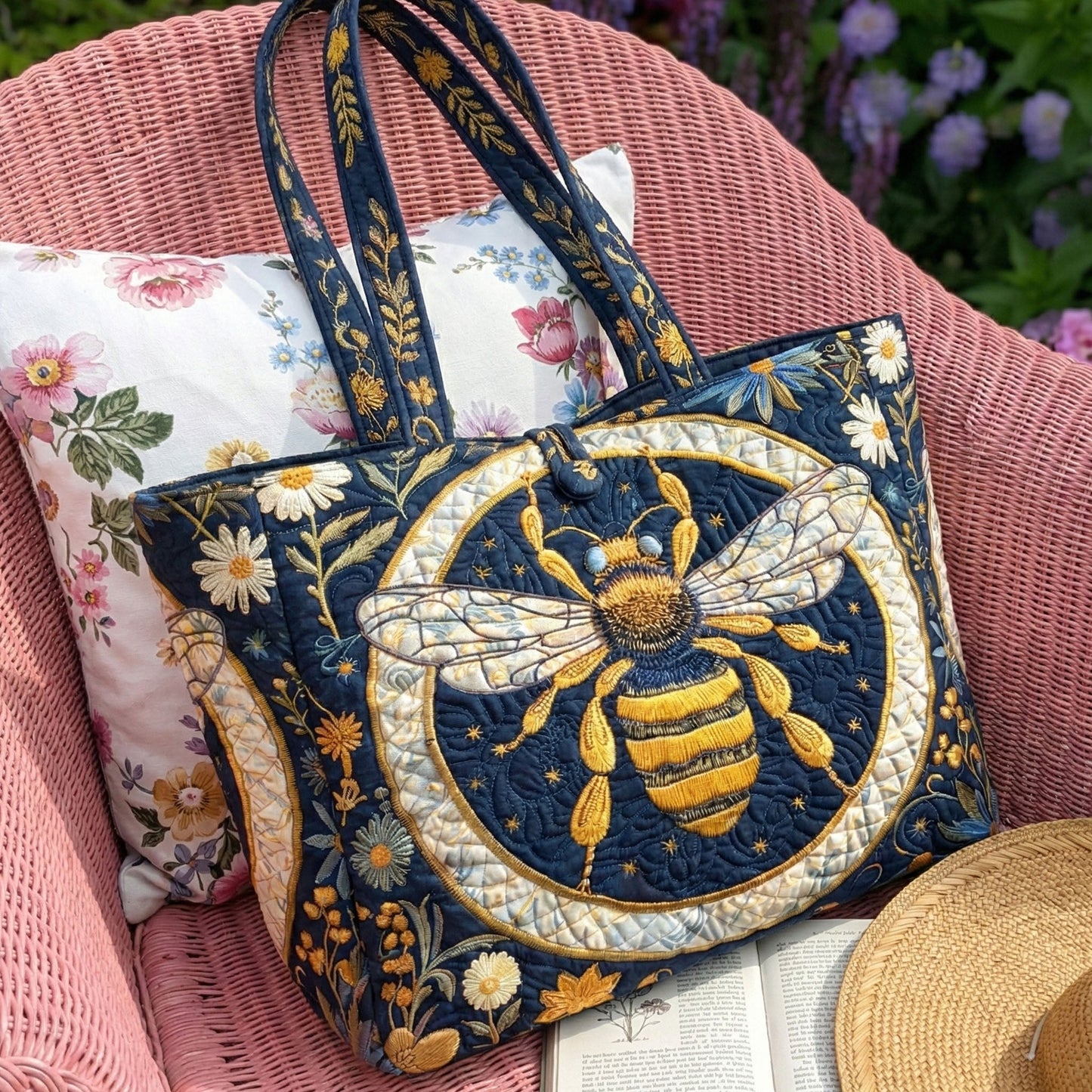 Midnight Garden Bee Quilted Classic Tote Bag SN0NT020