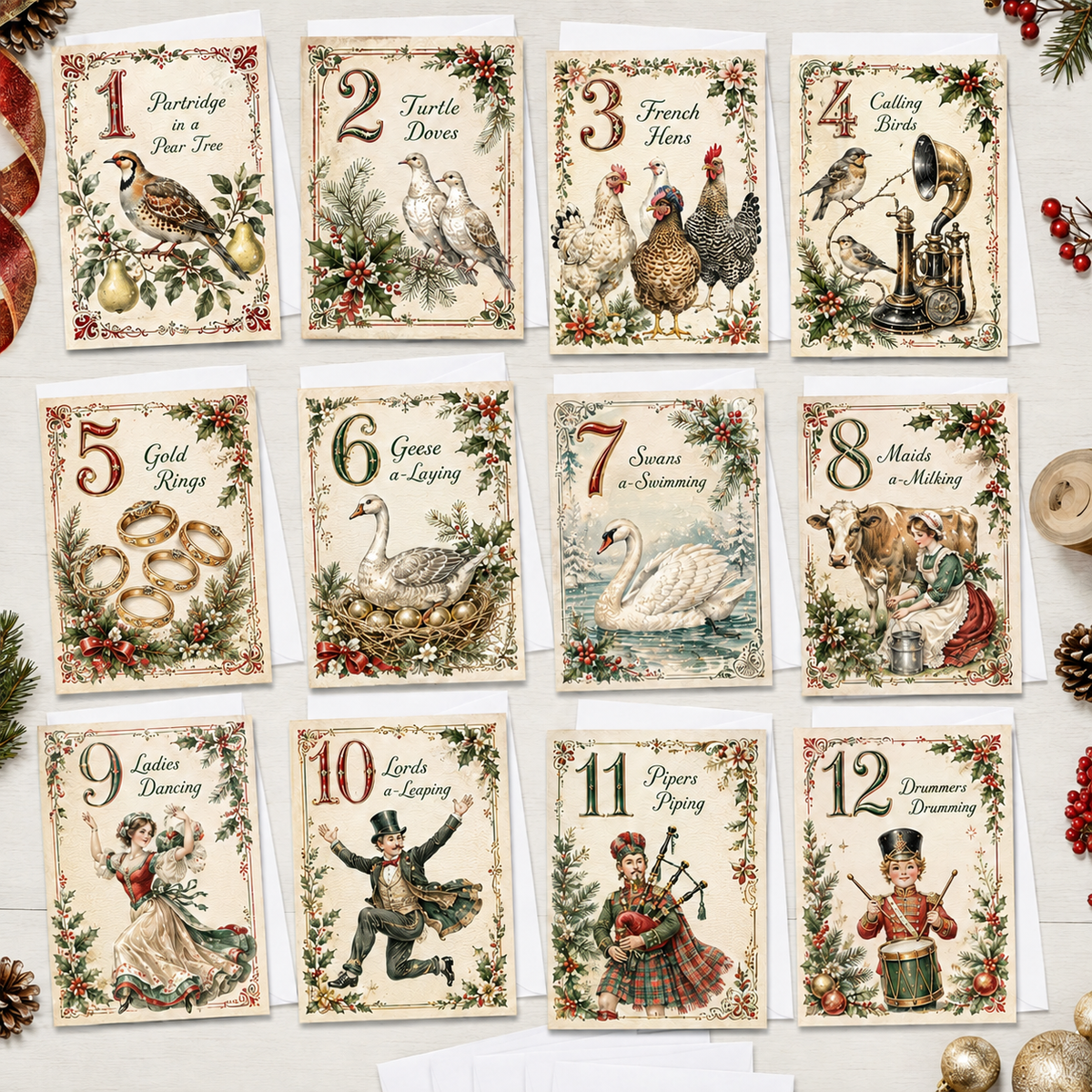12 Days of Holiday Cheer Christmas Cards Assortment, Set of 12 - Holiday Greeting Cards GC0TL026
