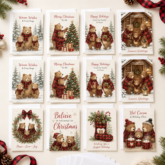Vintage Christmas Bears Christmas Cards Assortment, Set of 12 - Holiday Greeting Cards GC0TL022