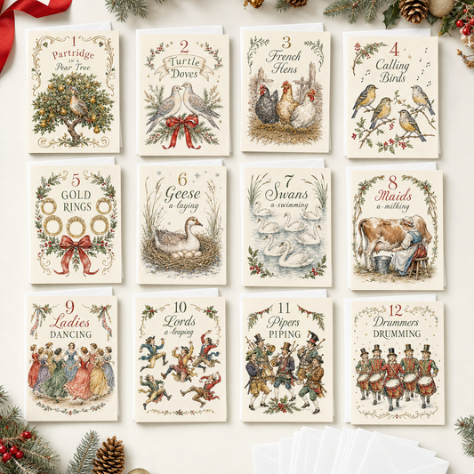 Twelve Days of Festive Cheer Christmas Cards Assortment, Set of 12 - Holiday Greeting Cards GC0TL025